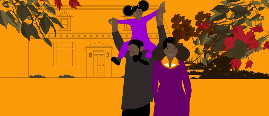 Black father, mother and child standing in front of a single family home with a tree and leaves
