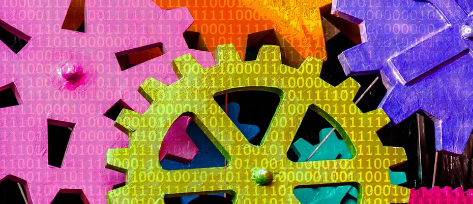 Colorful gears with a subtle binary code pattern working together