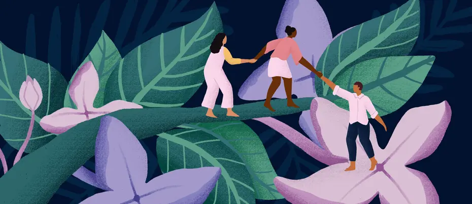 Illustration of three people helping each other climb a flowering branch