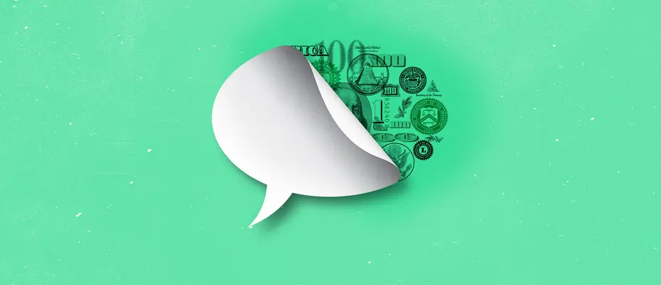 A conversation bubble peeled back to reveal financial symbols representing natural language processing (NLP)