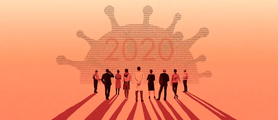 Illustration of a workforce. A horizon line is in the background with the coronavirus rising resembling the sunset/sunrise. There is a "2020" in the coronavirus graphic.