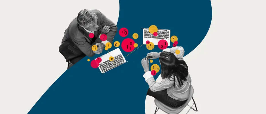 Data in the form of circles and binary code graphics being shared between two people