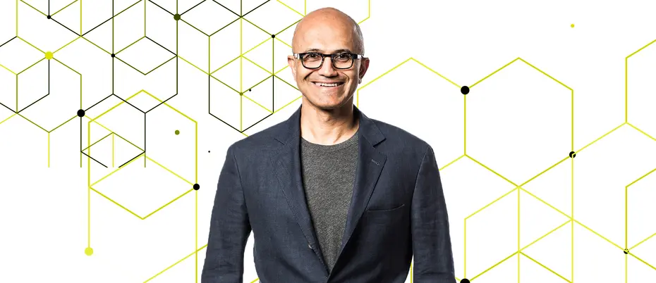 Photo of Microsoft CEO Satya Nadella with abstract background
