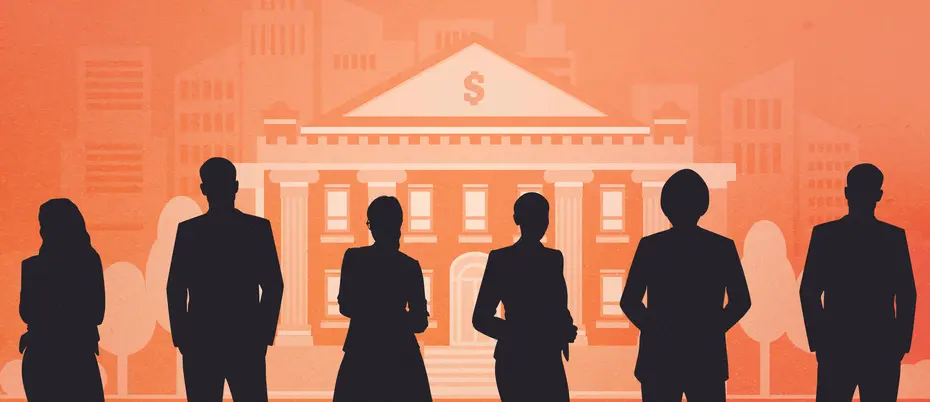 An illustration showing a bank with a group of people outlined in front of it, representing the diverse set of entrepreneurs who face systemic discrimination in financing.