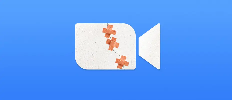 the blue and white zoom logo with three bandages covering a crack