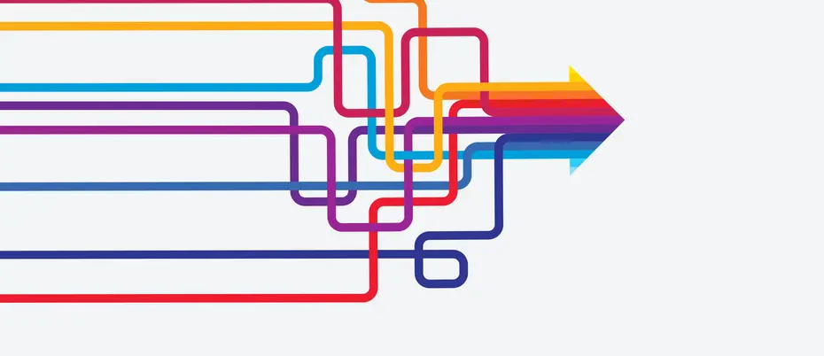 Illustration of colorful lines converging into an arrow to represent AI alignment