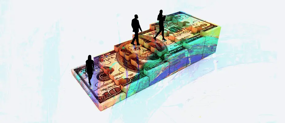 An illustration of three silhouetted people walking up a set of stairs stylized to look like a $100 bill. The work symbolizes the financial opportunity necessary for successful entrepreneurship.