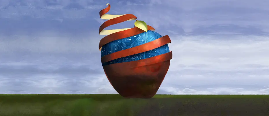 An illustration of an apple being peeled back to show a digital background.