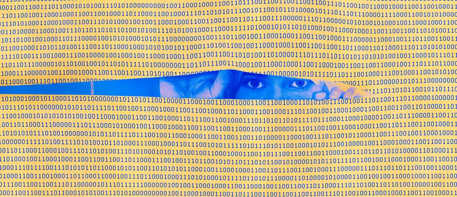 Image of a woman peeking through a screen of binary code. 