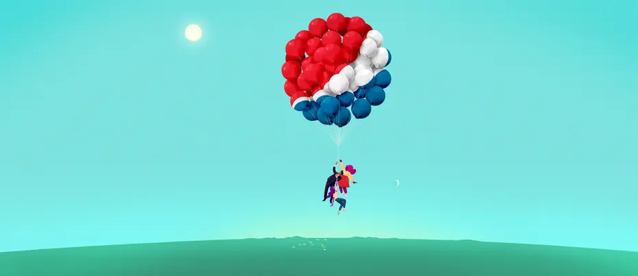 A vibrant illustration of balloons forming the Pepsi logo. People are holding onto the balloons, symbolizing that the Pepsi logo is being formed by its people and the community.