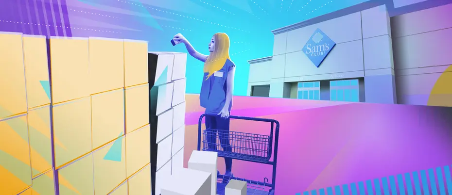 A fun and vibrant photo illustration of a Sam's Club employee stocking packages