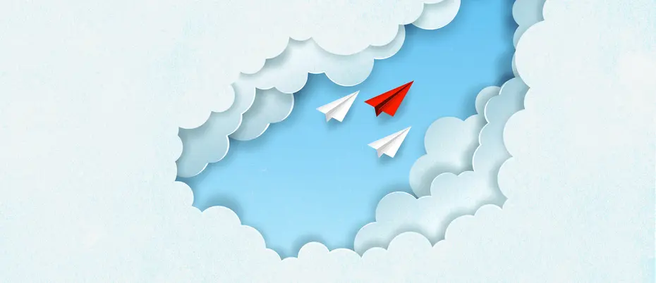 a red paper airplane leading two white planes through a bank of clouds, mean to symbolize leadership in a crisis
