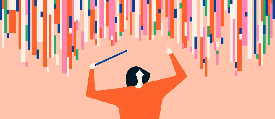 Illustration of person curating bars of data like a conductor of a symphony.