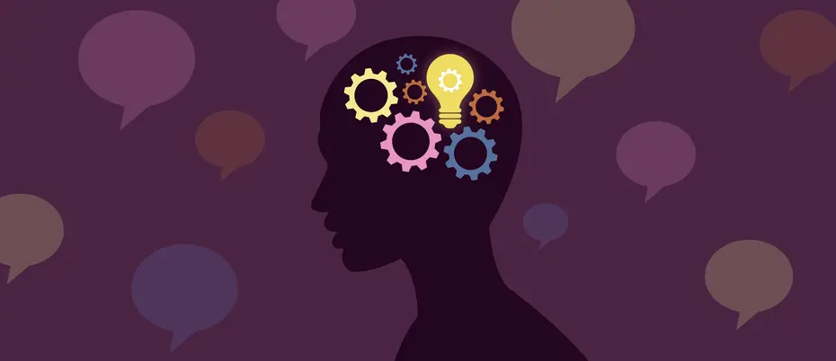 An illustration of a gears and a lightbulb inside a person's head amongst a background of conversation bubbles signifying the concept of brainstorming  while being provided criticism or feedback.