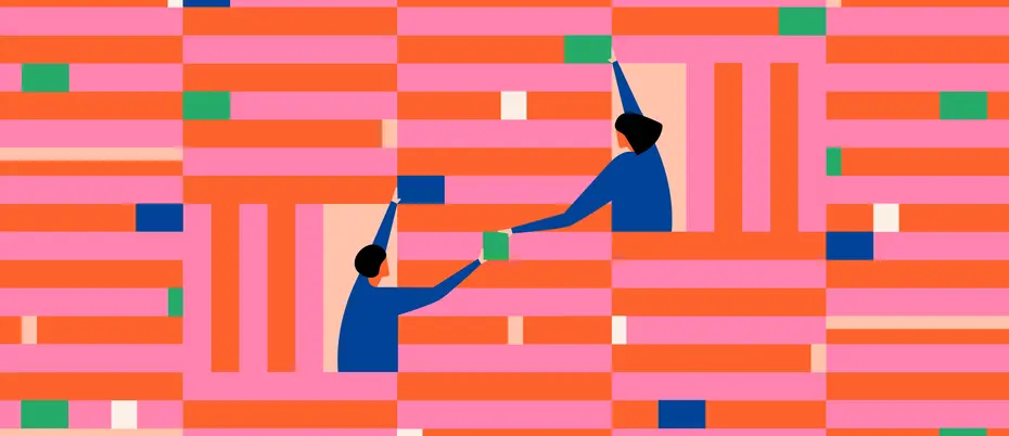 An illustration where one person is handing another person data blocks to build an entire data wall