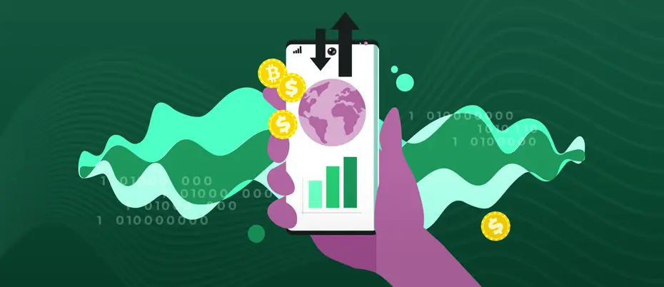 hand holding a phone with a wave of financial images flowing from it, meant to represent fintech