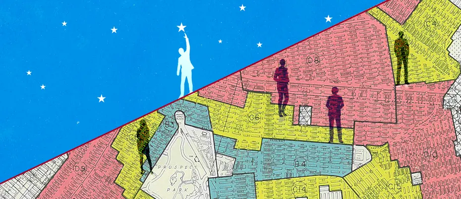 Illustration of of a person reaching the stars juxtaposed with people spread across a map from a 1938 Home Owners' Loan Corporation map that ranked neighborhoods on desirability