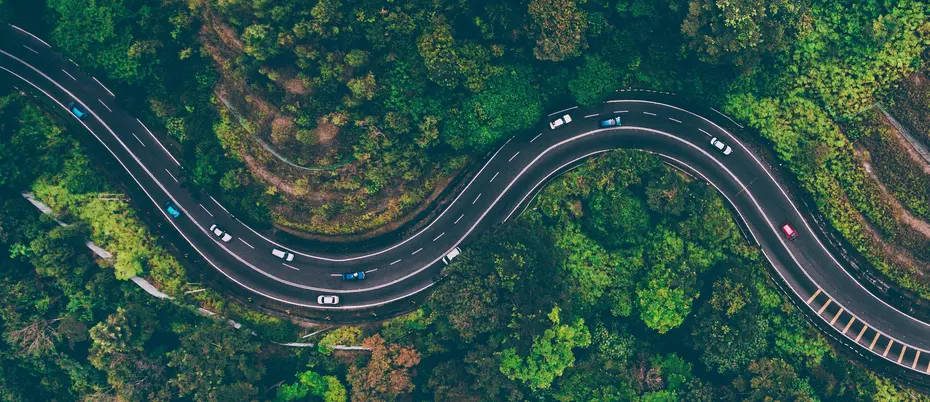 Aerial view of cars driving windy road between lush green forest.