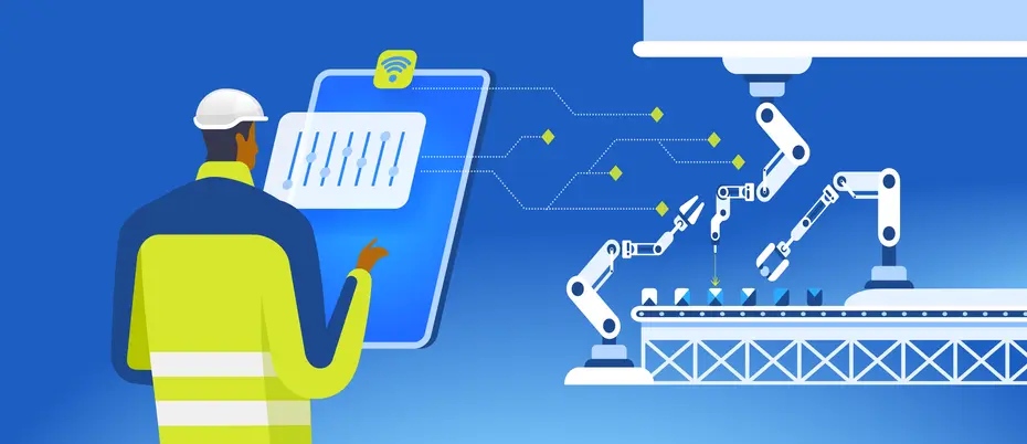Illustration of manufacturing plant worker manipulating a digital device to manipulate robotics