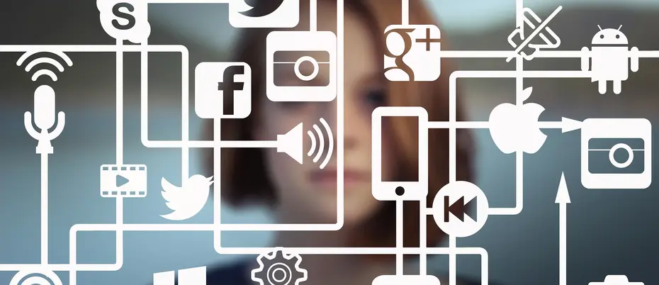 Overlay of social media icons over a woman's face symbolizing how thinking style affects social media use.