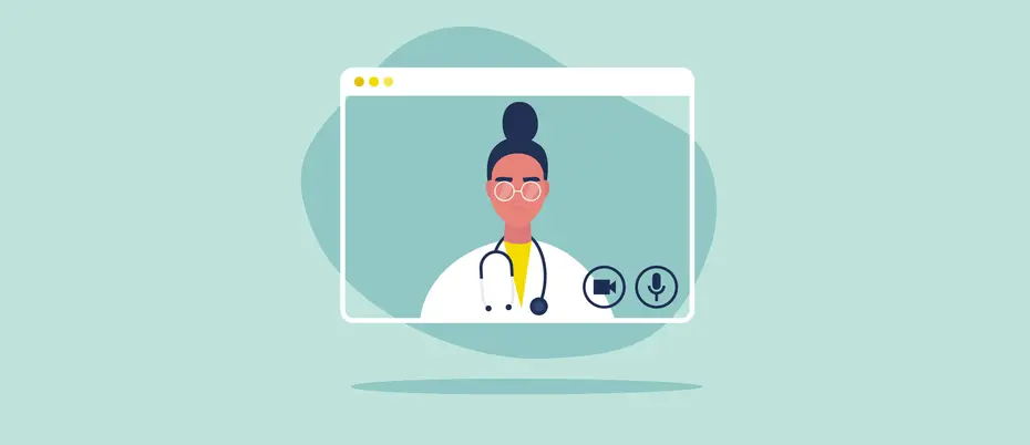 image of a physicial inside a computer screen, meant to represent digital health care