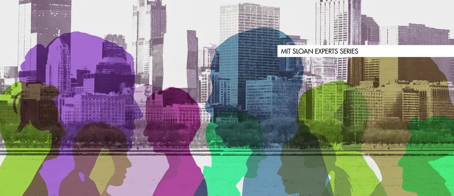 A collage of silhouettes of people over a city skyline