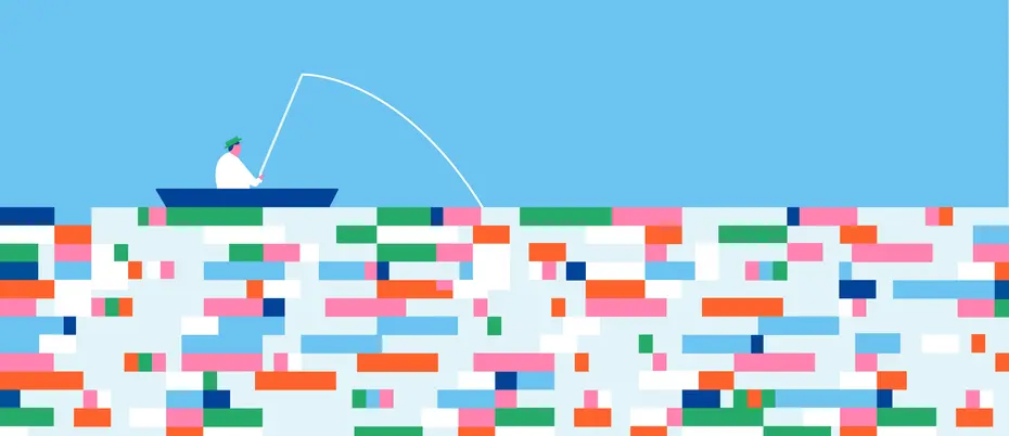 Illustration of a person in a boat fishing in a sea of data blocks
