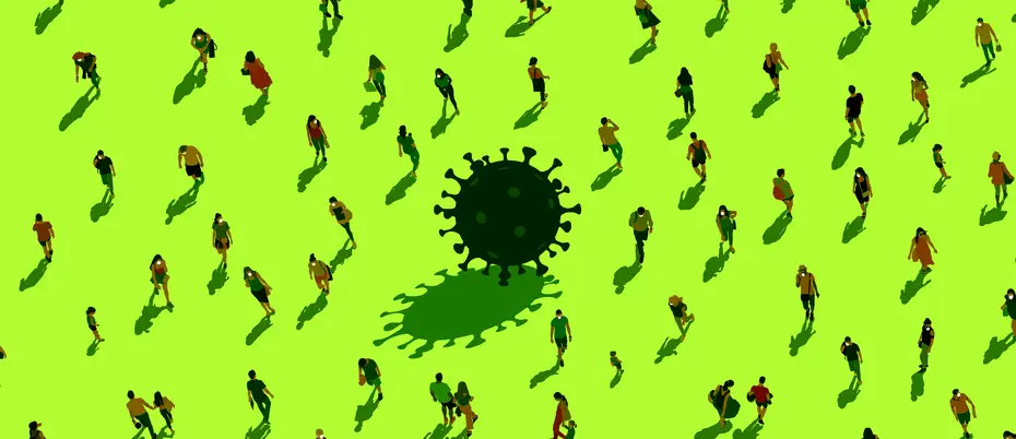 Illustration of people surrounding a COVID-19 molecule