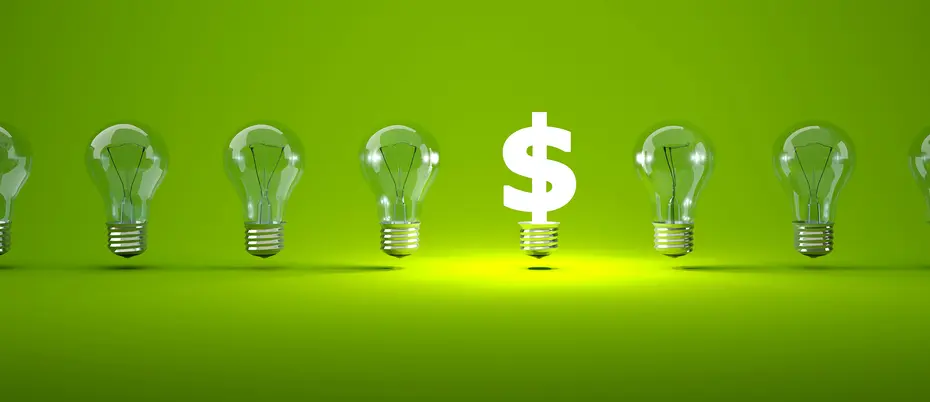 5 lightbulbs next to a lit-up dollar sign, representing venture capital funding new ideas