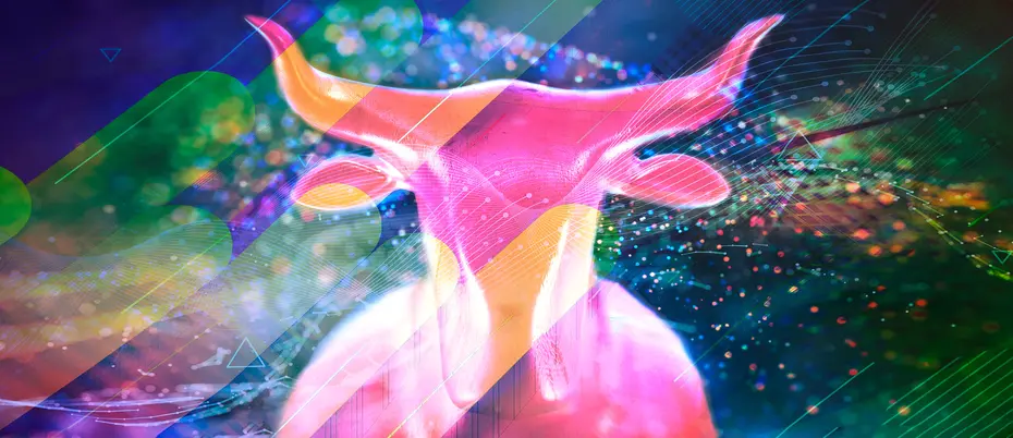 A colorful illustration of a digital bull amongst a background of data imagery