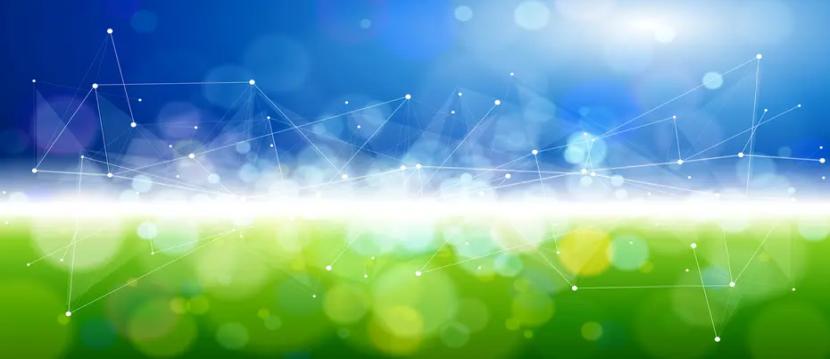 Illustration of a data network amongst a background of green and blue like the earth or an ecosystem