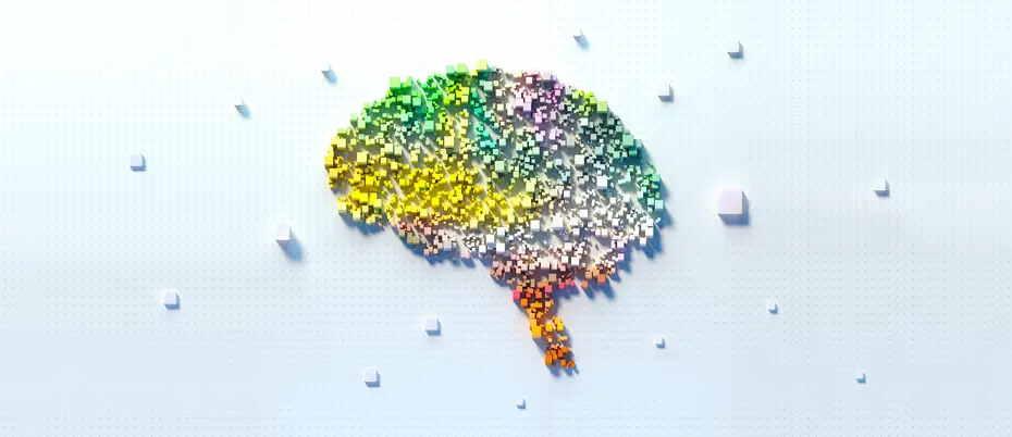 Colorful data blocks composing the shape of a brain