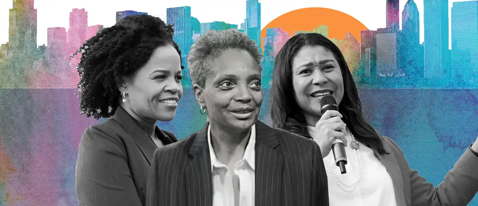 Boston mayor Kim Janey, Chicago mayor Lori Lightfoot, and San Francisco mayor London Breed (from left to right) in front of a city skyline illustration.