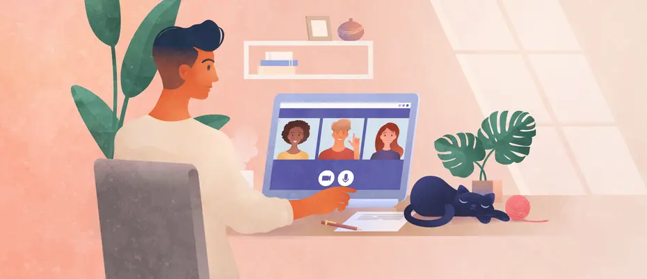 a man hosts a remote meeting with his team