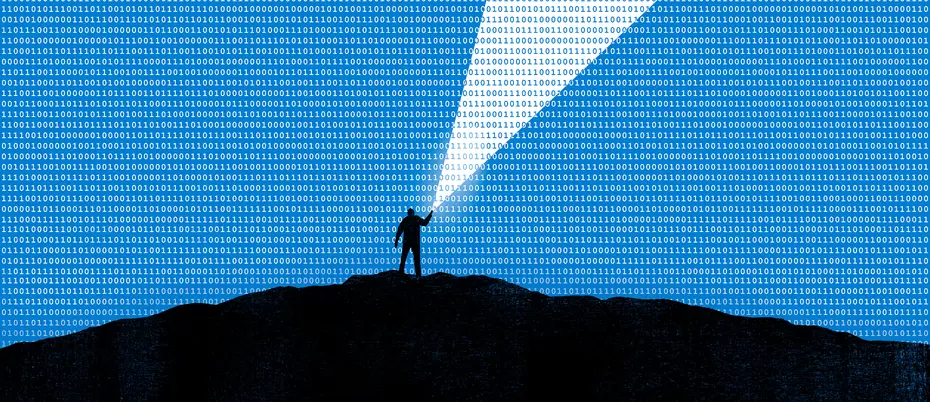 An illustration of a person using a flashlight to cast a beam a light amongst a sky of binary code