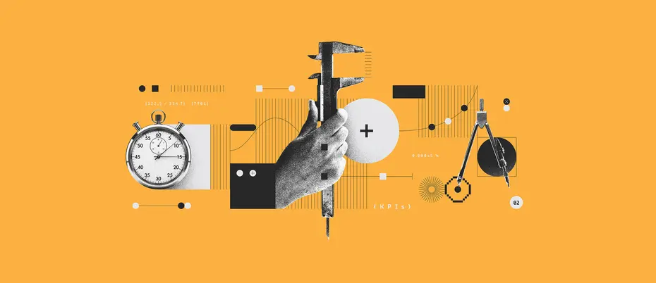three tools used for measurement: stopwatch, hand holding a wrench, and compass