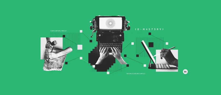 Illustration of a person chiseling numbers on a stone, using a typewriter, and using an computer