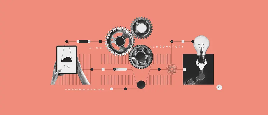 Illustration of hands holding a tablet with a cloud on the screen, gears, and a lightbulb - all imagery working together to convey technological innovation