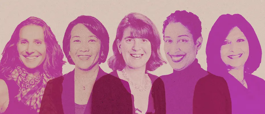 Photo of female leaders. From left to right: Julia Abramovich, Julie Wada, Lauren Hoops-Schmieg, Angelique Adams, and Anita Carleton 