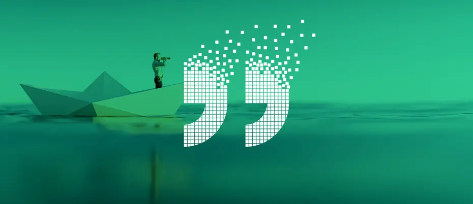 Pixelated quotes graphic with a business person using binoculars on a boat in the distance