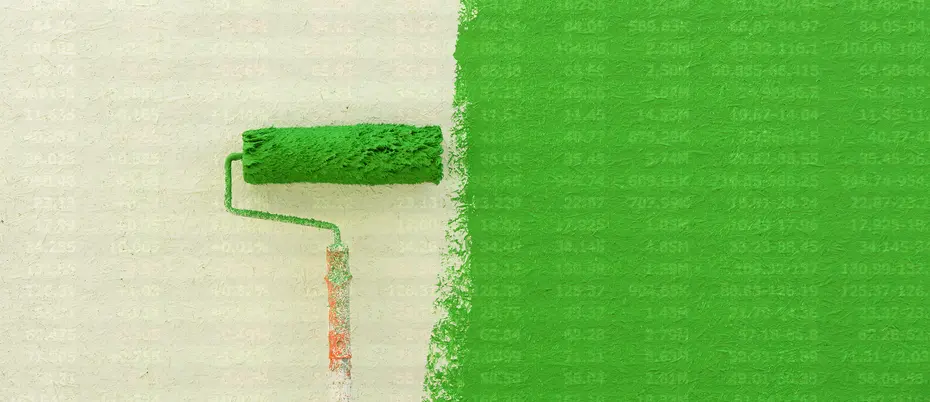 Paint roller painting green paint over a white background