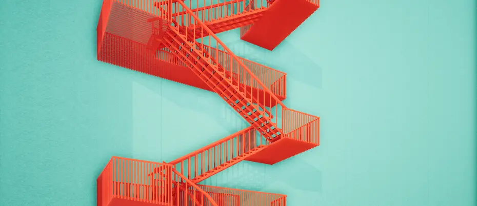 red flights of stairs against a turquoise background 