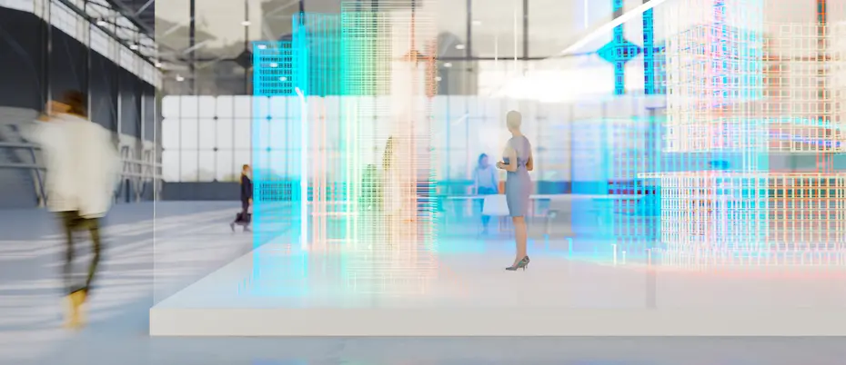 four workers in a futuristic office environment