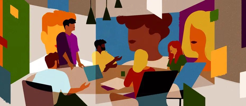 An illustration of a boardroom meeting with some employees in the office and some on screens remotely