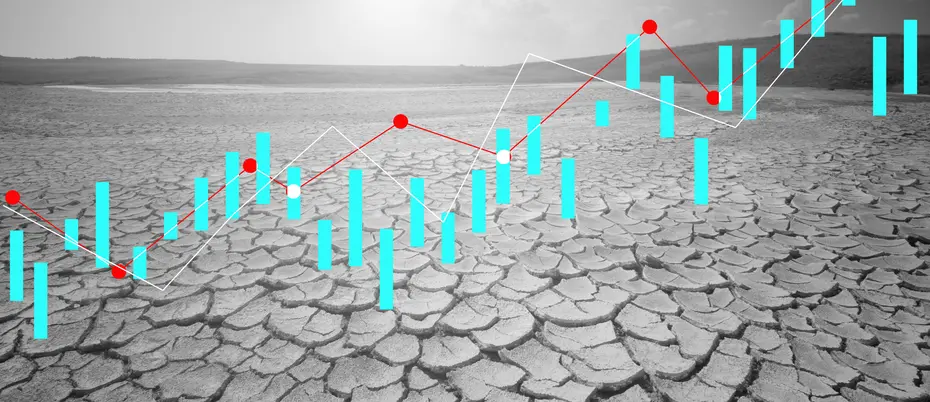 stock market chart superimposed over a dry lake bed 