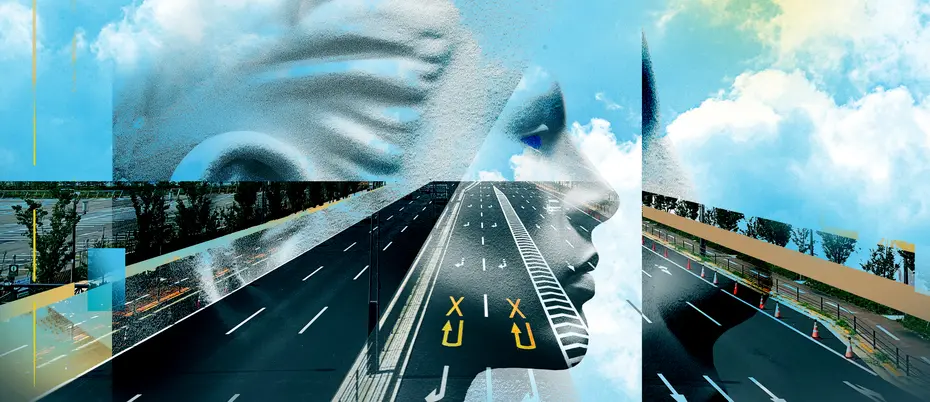 An illustration of a road with a U-turn sign painted on it.