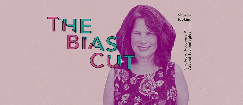 sharon hopkins smiles in a picture with the words the bias cut overlaid on the image