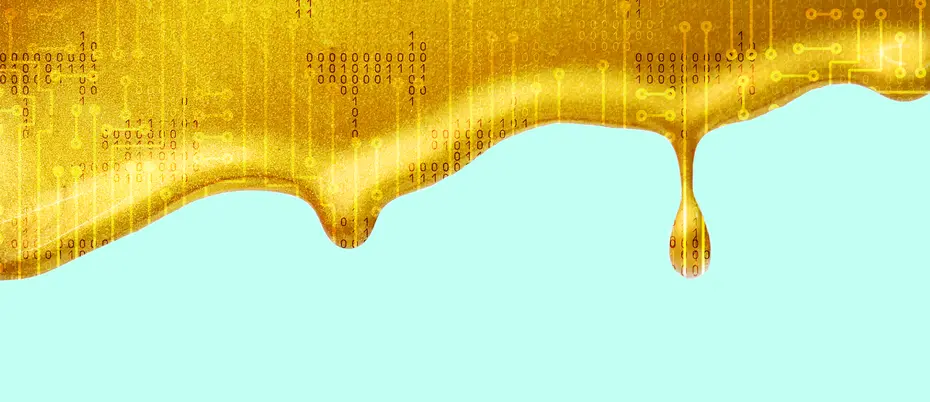An illustration of liquid gold transposed with data symbols and binary code 