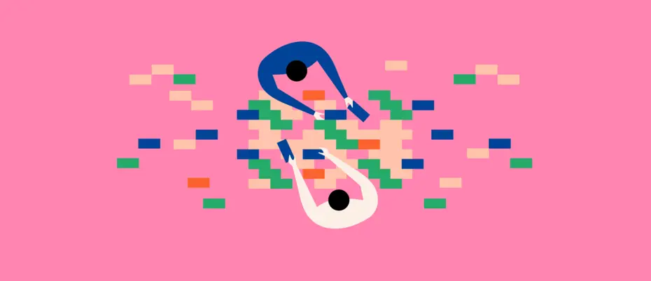 Pink background with an illustration of two people moving blocks and a background of blocks in an abstract pattern.