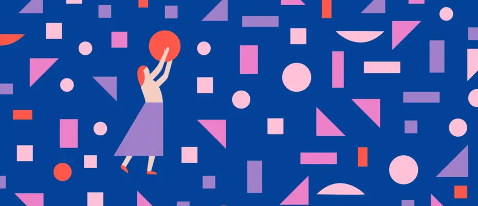 An illustration of a person holding a geometric shape amongst a sea of geometric shapes
